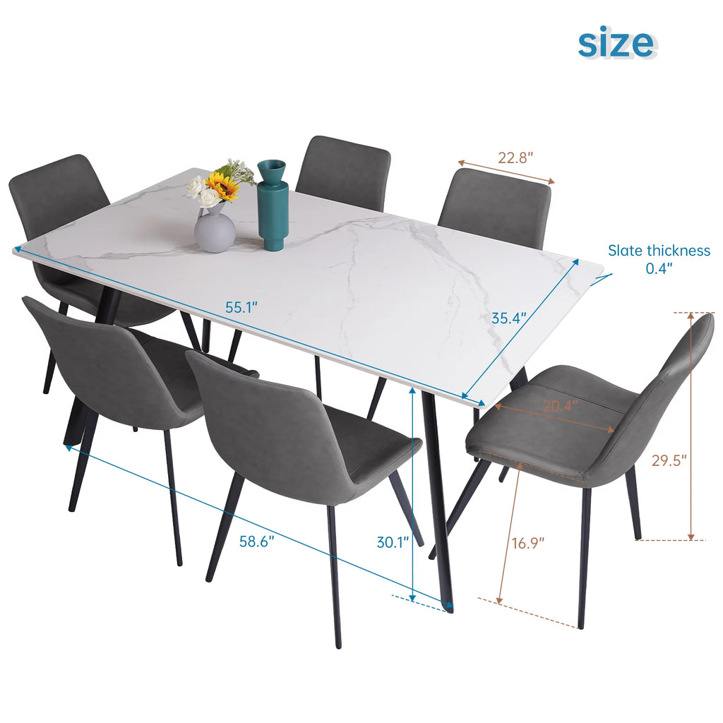 7 Piece Sintered Stone Dining Table Set with 6 Grey Chairs C734