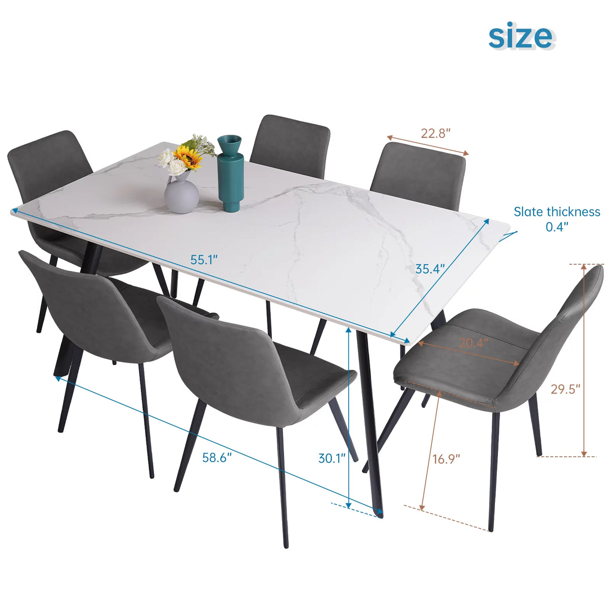 7 Piece Sintered Stone Dining Table Set with 6 Grey Chairs C734