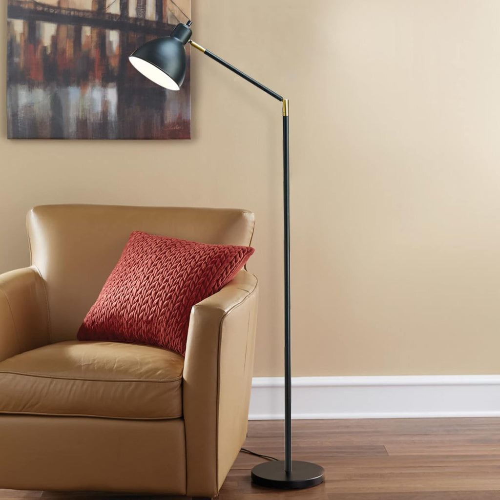 Modern Adjustable Metal Floor Lamp with Brass Accents, Classic Black P94008