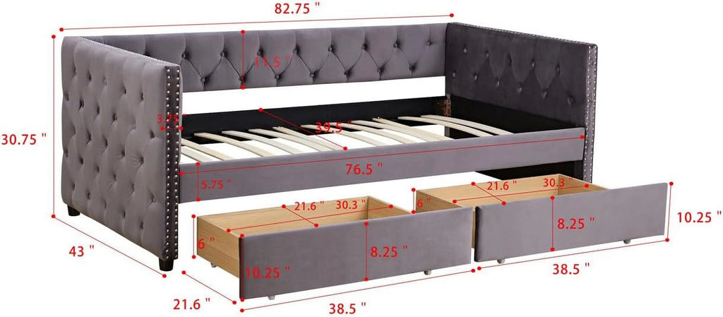 Velvet Upholstered Daybed with 2 Storage Drawers C4609