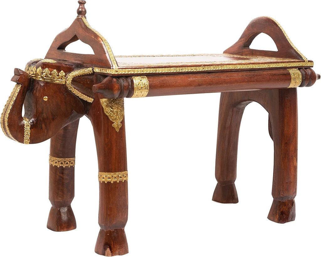Hand Carved Dark Brown Wooden Elephant Side Table with Brass Accents W609941