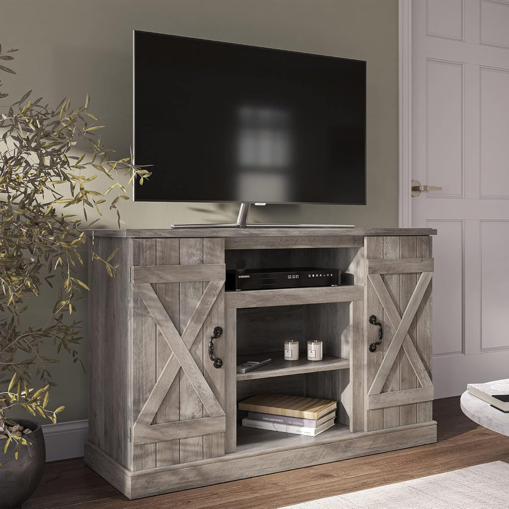 Rustic Wood TV Stand & Media Console Table with Storage Shelves & Cabinets W8308