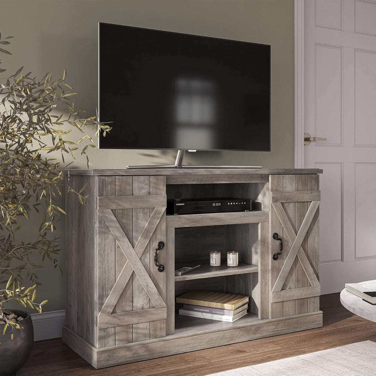 Rustic Wood TV Stand & Media Console Table with Storage Shelves & Cabinets W8308