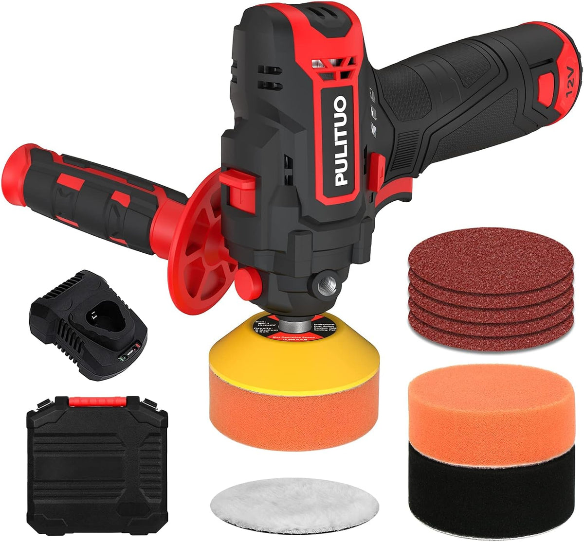 12V Cordless Car Buffer Polisher, 3 Inch, 2600-7800 RPM, 2.0Ah Battery, 8 Polishing Pads L3716