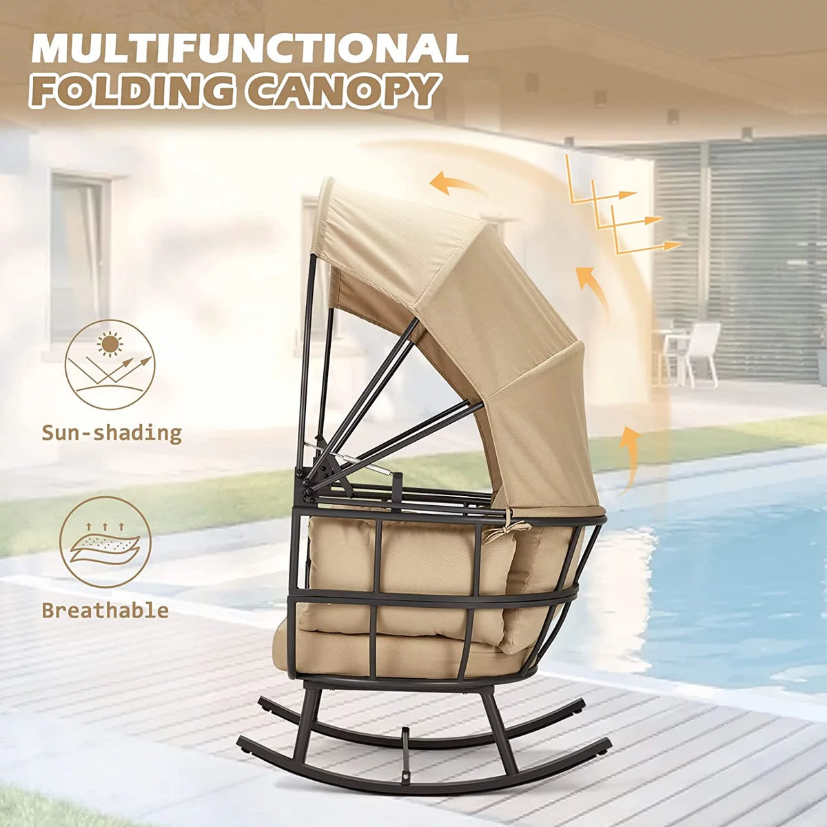 Patio Rocking Sofa Chair with Folding Canopy and Cushion G81641