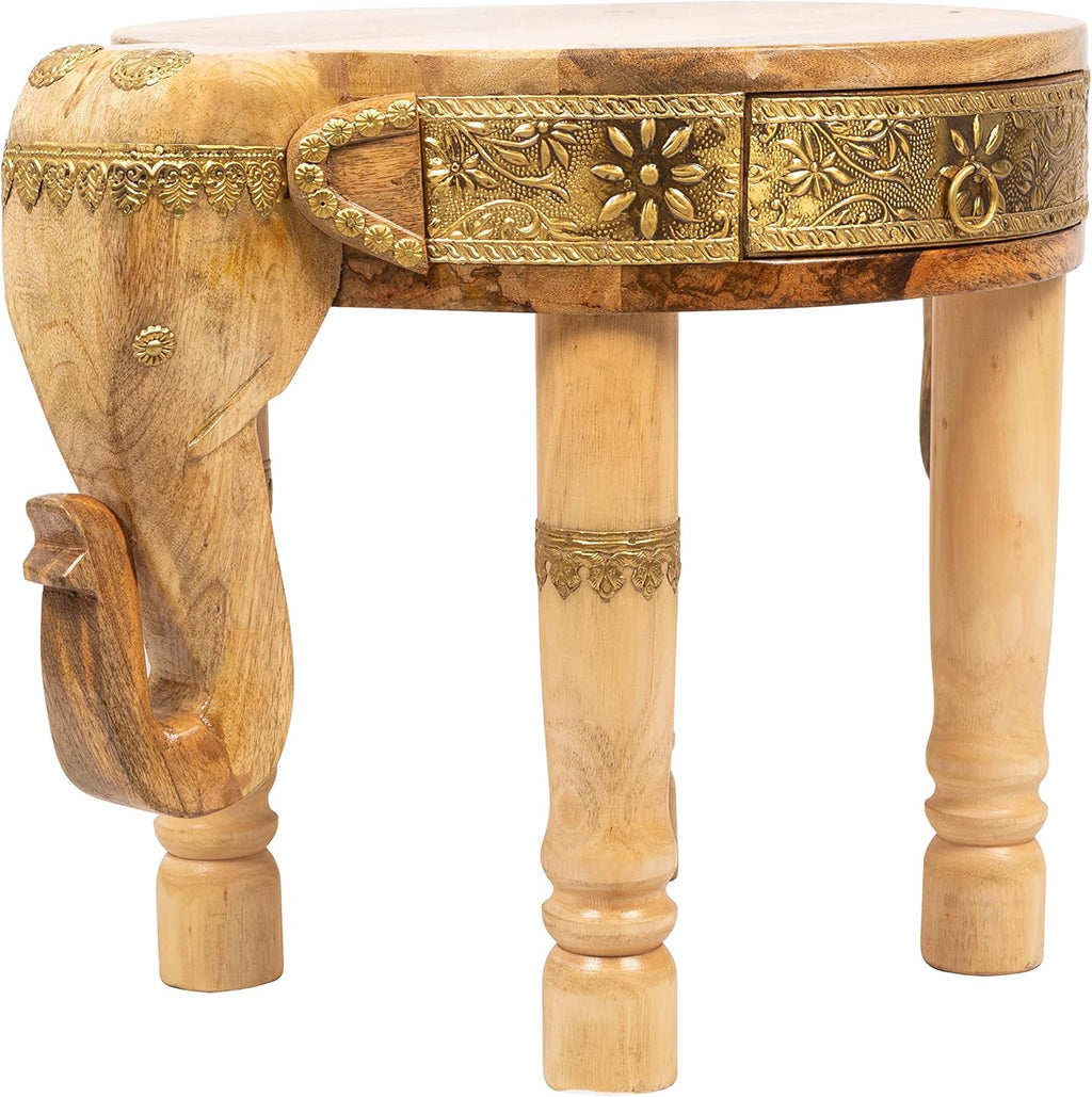 Hand Carved Dark Brown Wooden Elephant Side Table with Brass Accents W609941