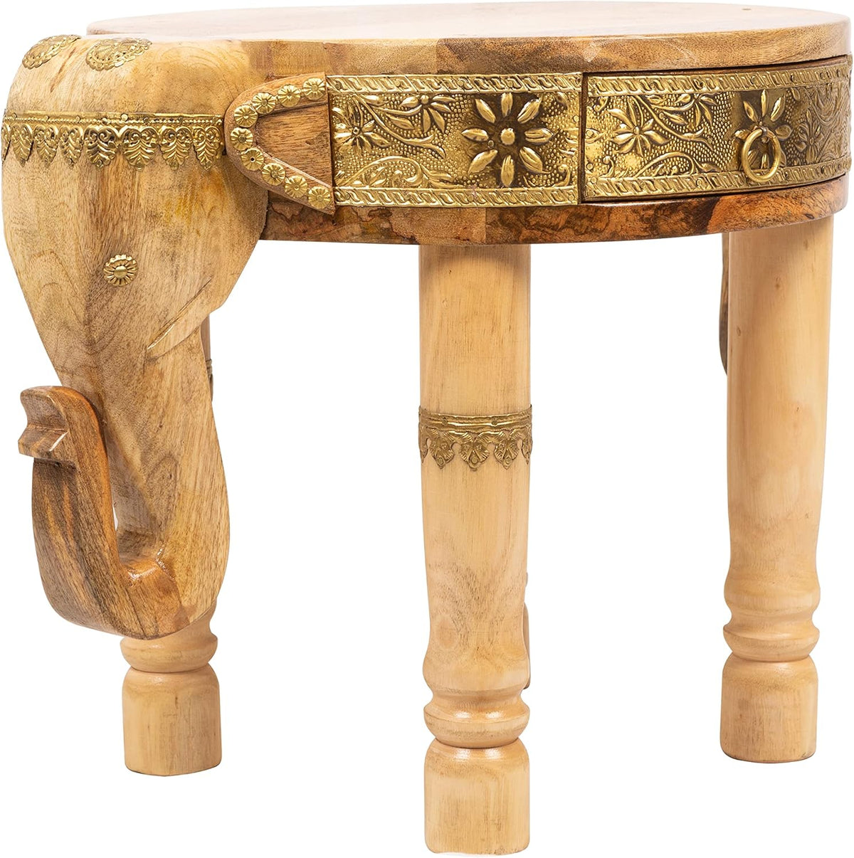 Hand Carved Dark Brown Wooden Elephant Side Table with Brass Accents W609941