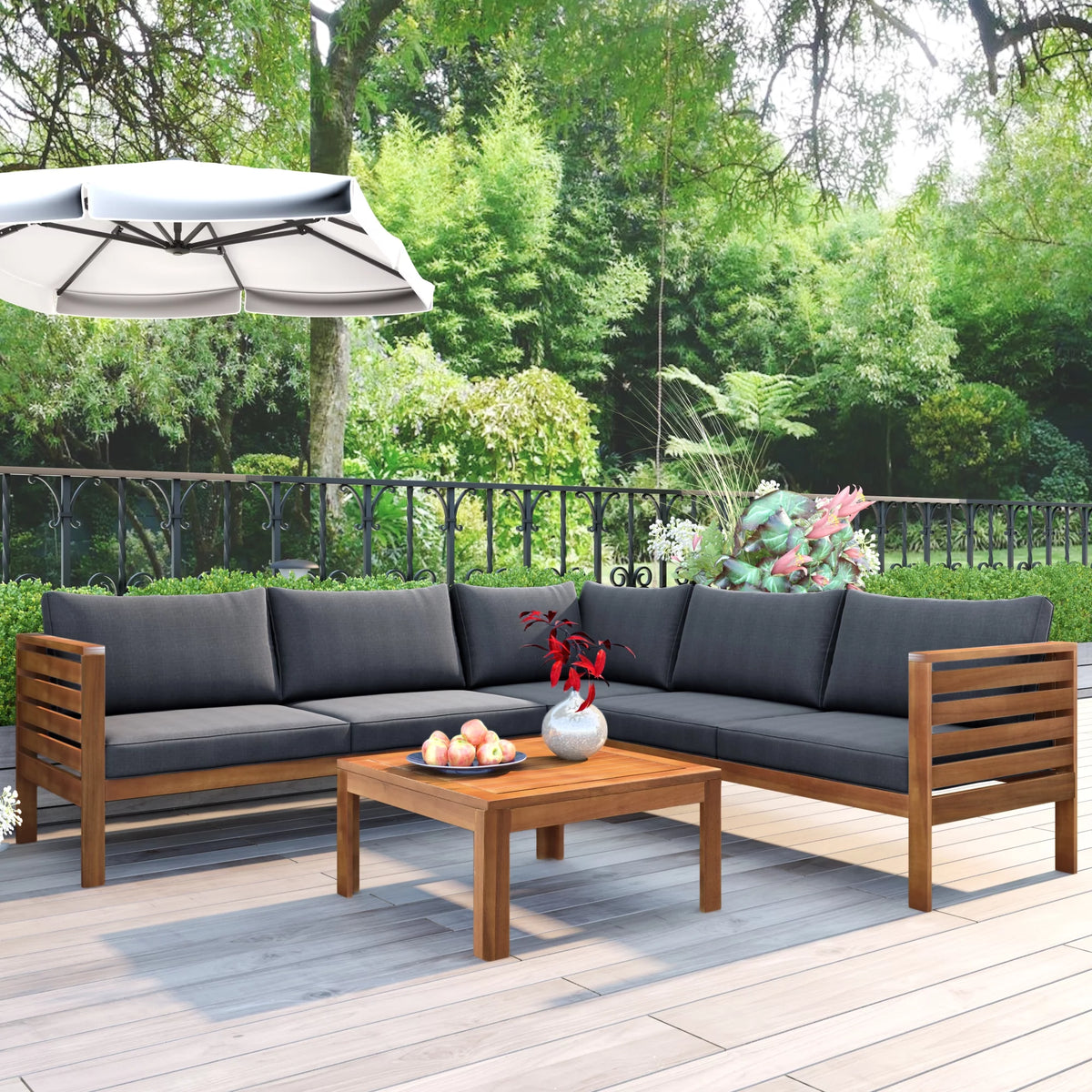 Wood Outdoor Sofa Set with Gray Cushions and Coffee Table I82746