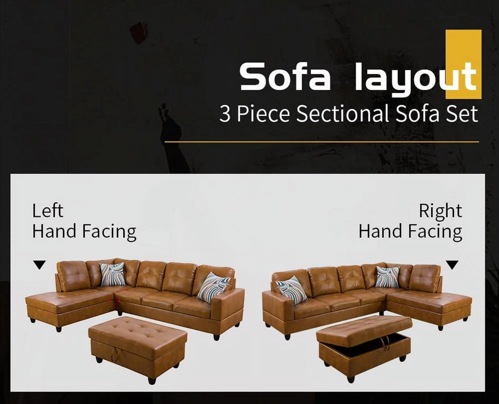Caramel Leather Sectional Sofa with Storage Ottoman C301109