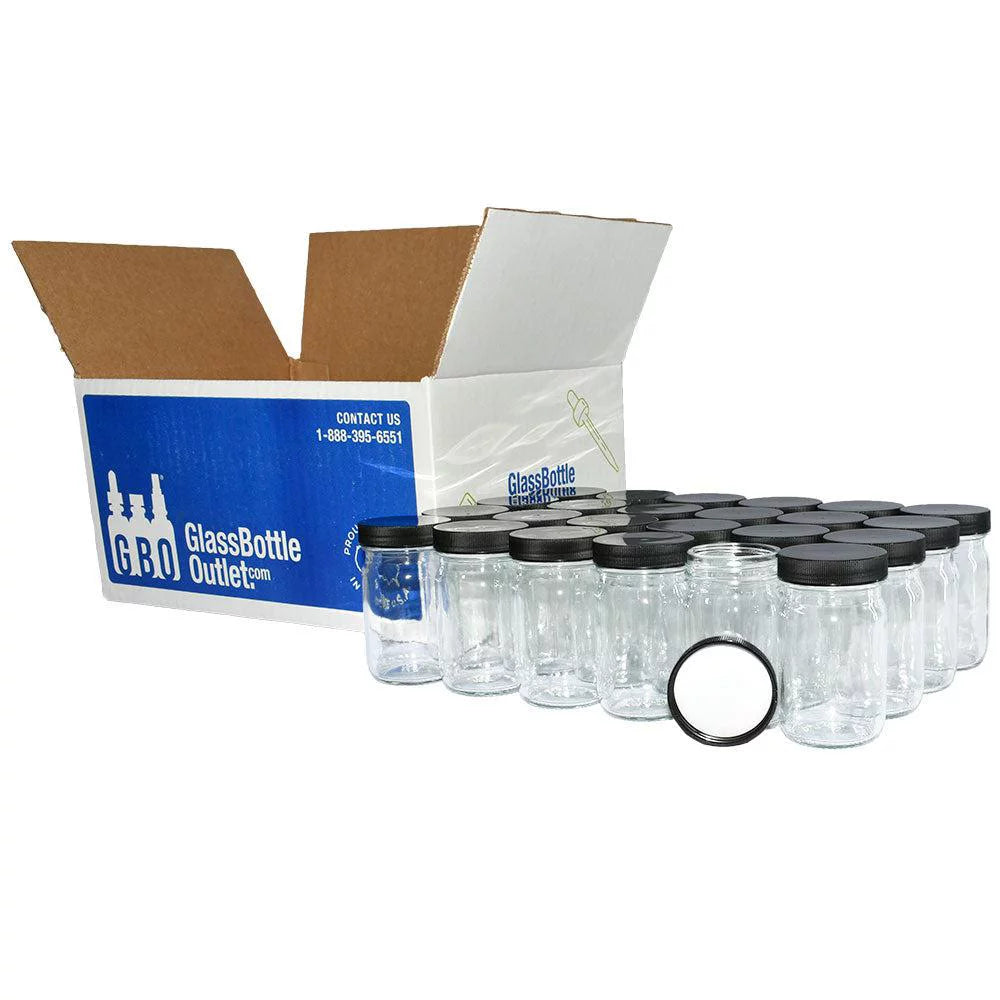 24 Pack 4 oz Clear Glass Jar with Black Plastic Cap I1513