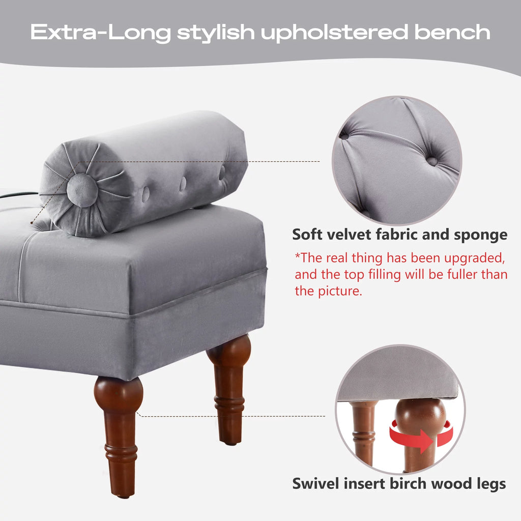 60.2 Inch Grey Tufted Upholstered Bench with 2 Pillows S170