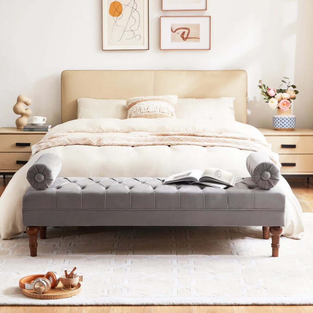 60.2 Inch Grey Tufted Upholstered Bench with 2 Pillows S170