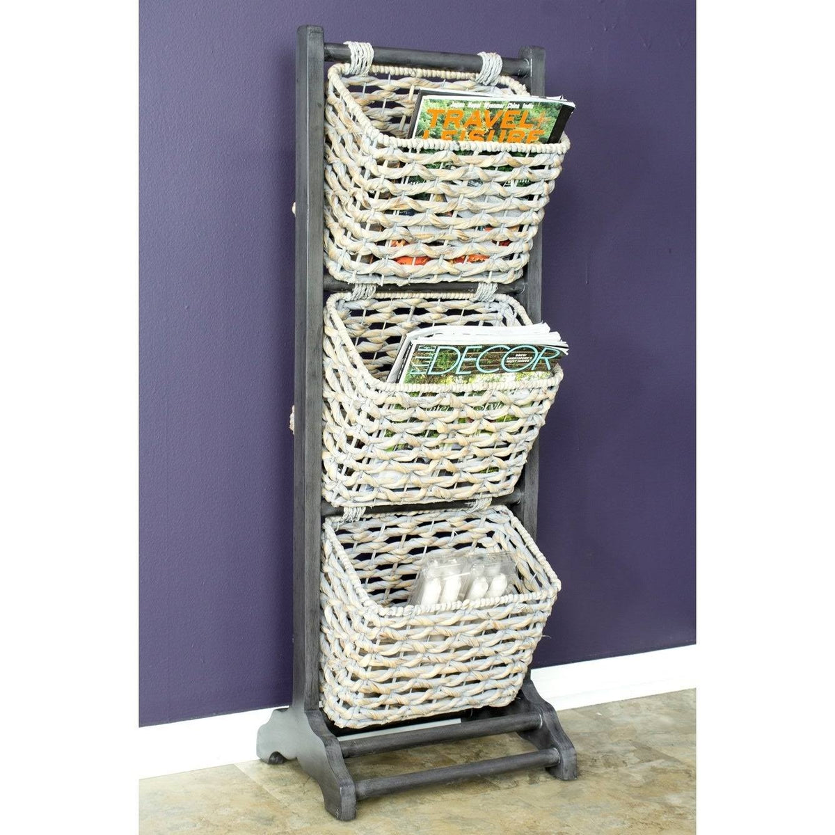 3-Tier Magazine Rack with 3 Hyacinth Storage Baskets Q535912