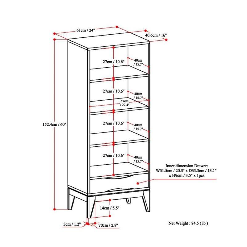 Solid Hardwood Mid-Century Modern Bookcase with Storage in Teak Brown W57458