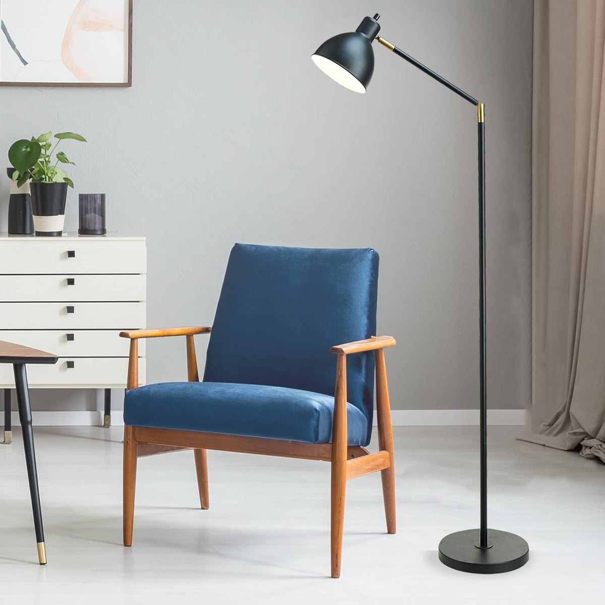 Modern Adjustable Metal Floor Lamp with Brass Accents, Classic Black P94008