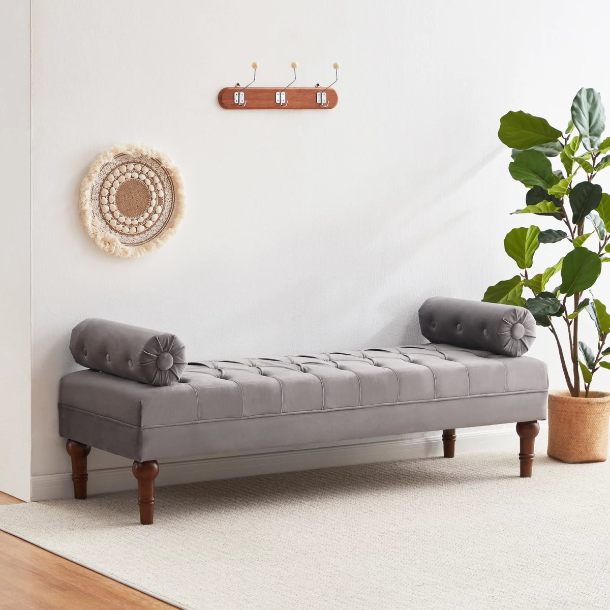 60.2 Inch Grey Tufted Upholstered Bench with 2 Pillows S170