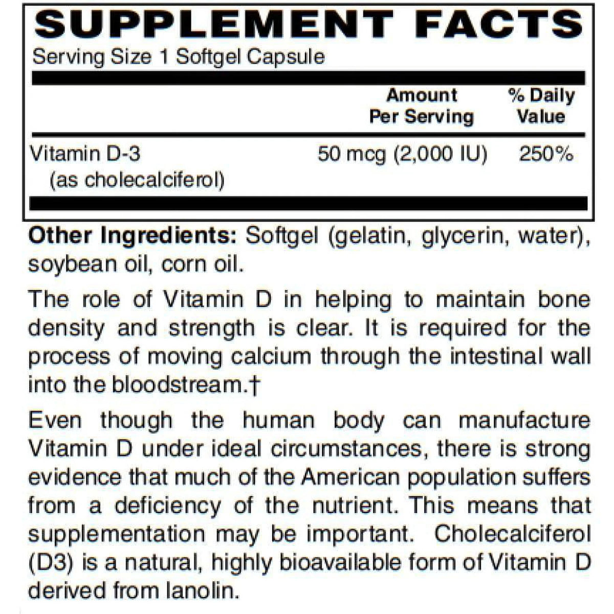 Vitamin D-3 50mcg Vegetarian Softgels 250 Count V39376