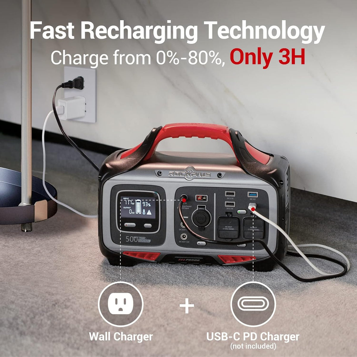 Portable Power Station 500W 505Wh Solar Generator with 2 AC Outlet C66038