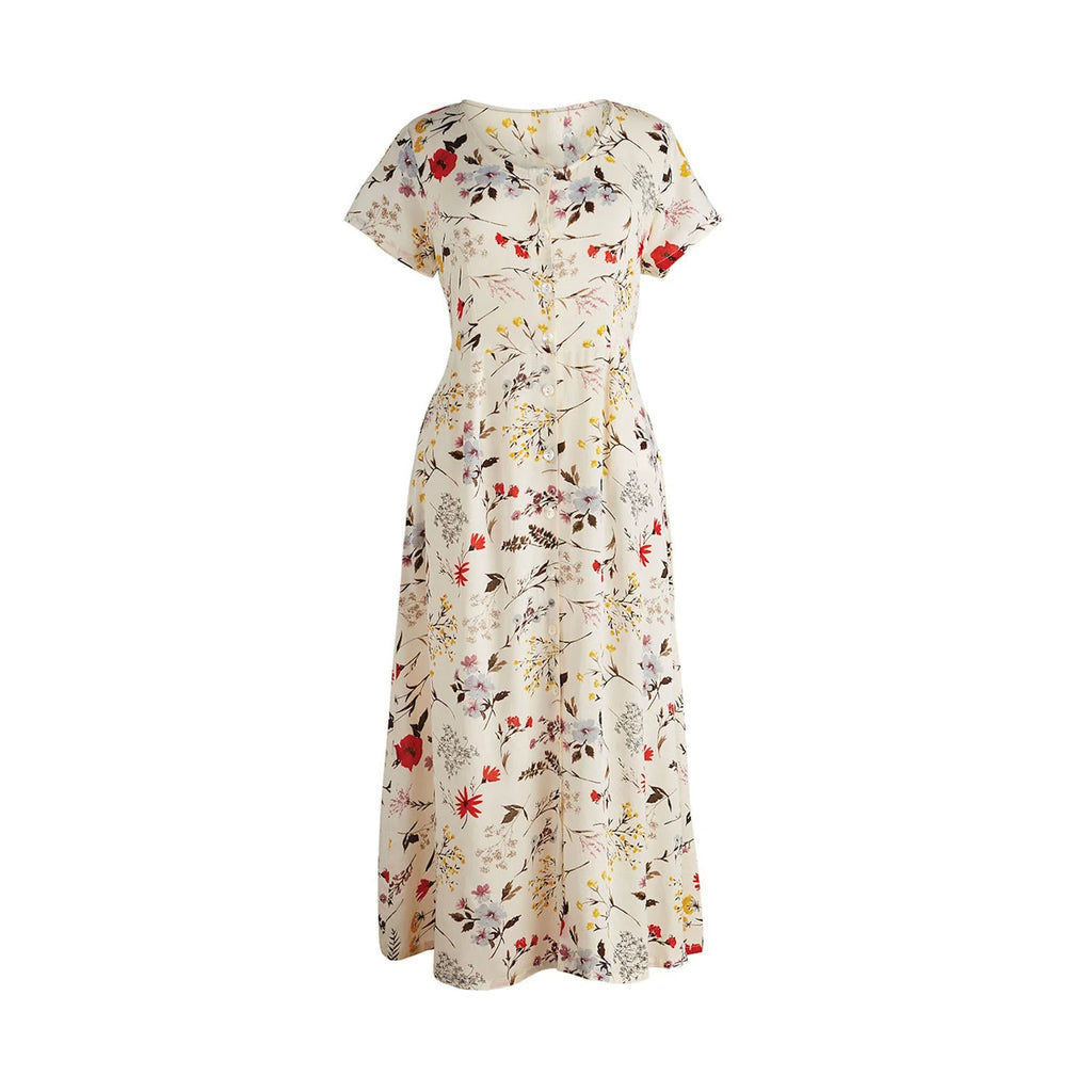 Spring Garden Dress Button Front Short Sleeve Floral F7715