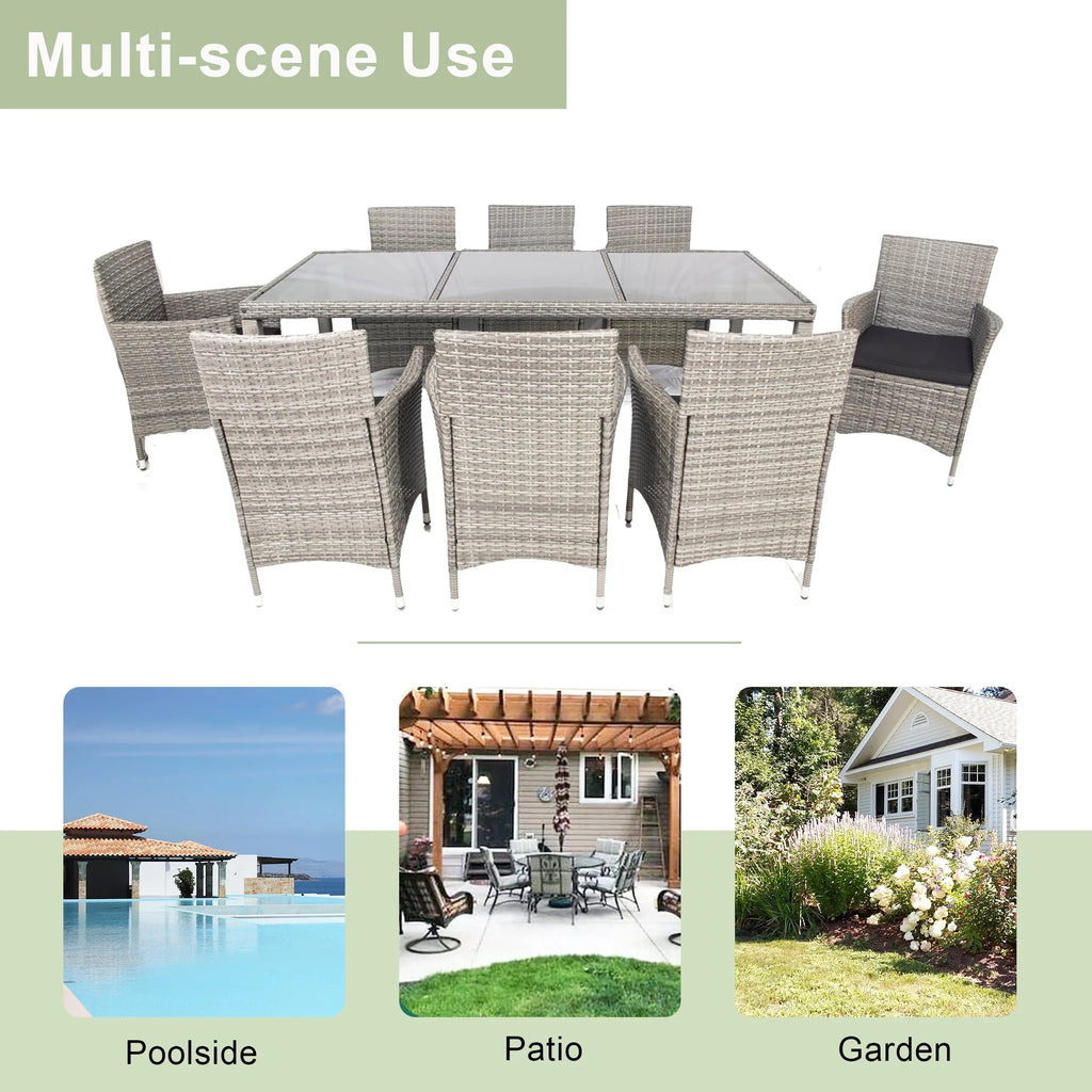9 Pieces Wicker Outdoor Dining Set with Glass Tabletop and Cushioned Chairs H372307
