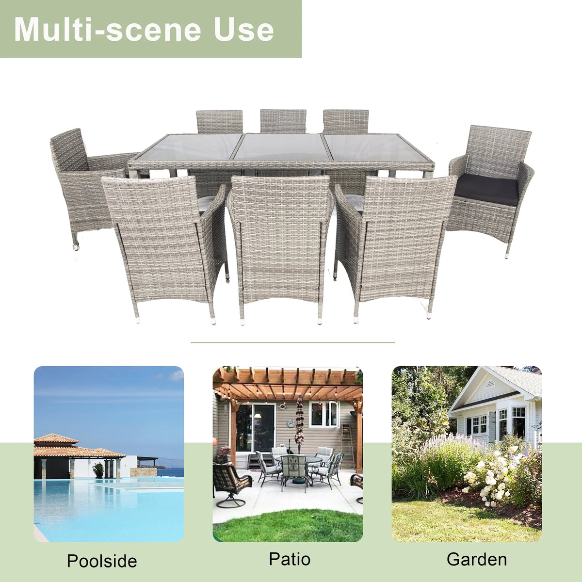 9 Pieces Wicker Outdoor Dining Set with Glass Tabletop and Cushioned Chairs H372307