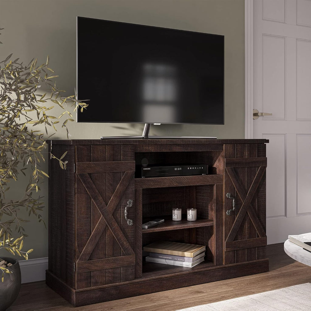 Rustic Wood TV Stand & Media Console Table with Storage Shelves & Cabinets W8308