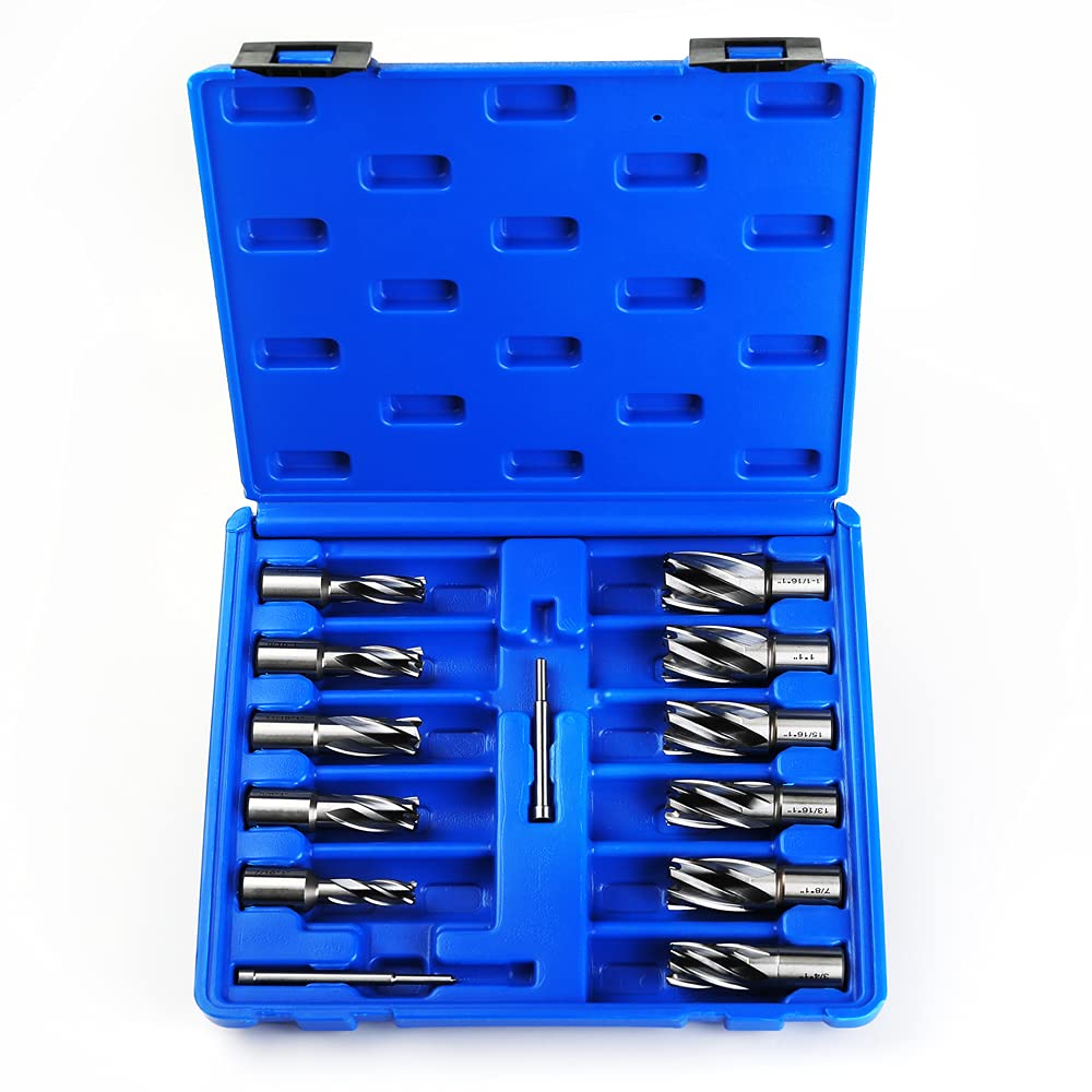 13pcs Annular Cutter Set, 1'' Cutting Depth, 3/4'' Weldon Shank, HSS Mag Drill Bits Kit with 2 pcs Pilot Pin S13461