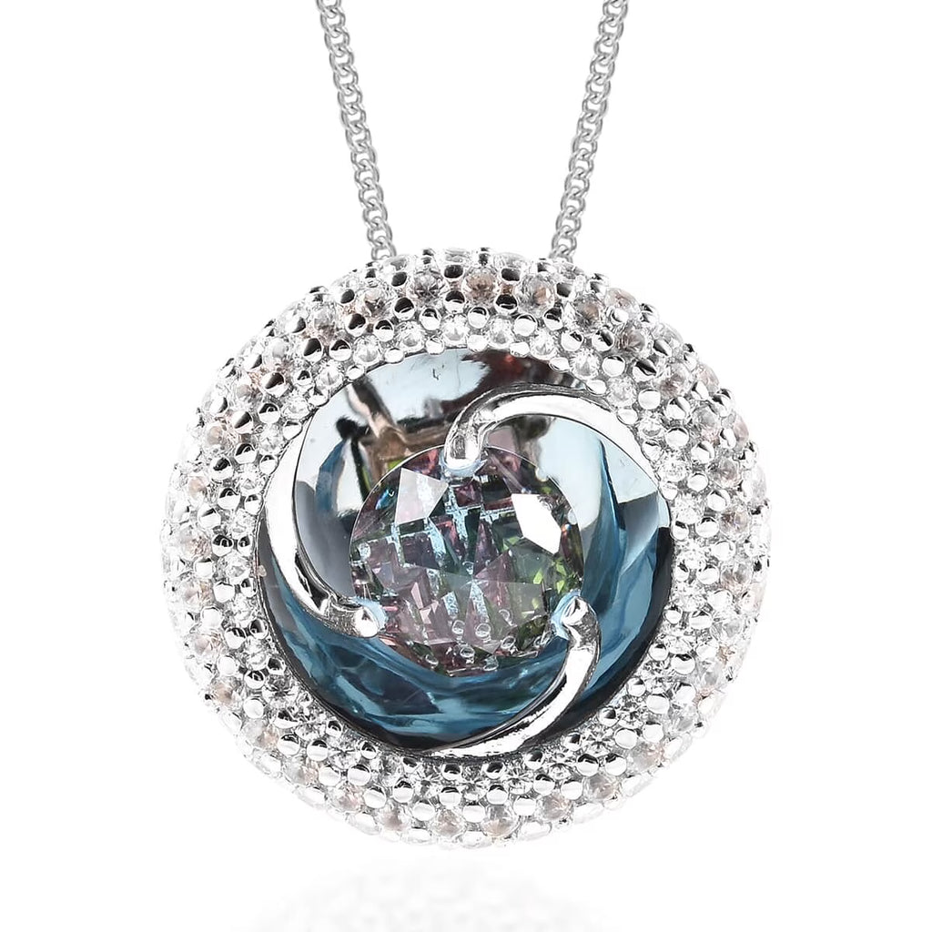 Blue Topaz Red Garnet 925 Sterling Silver Rhodium Plated Pendant Necklace R374