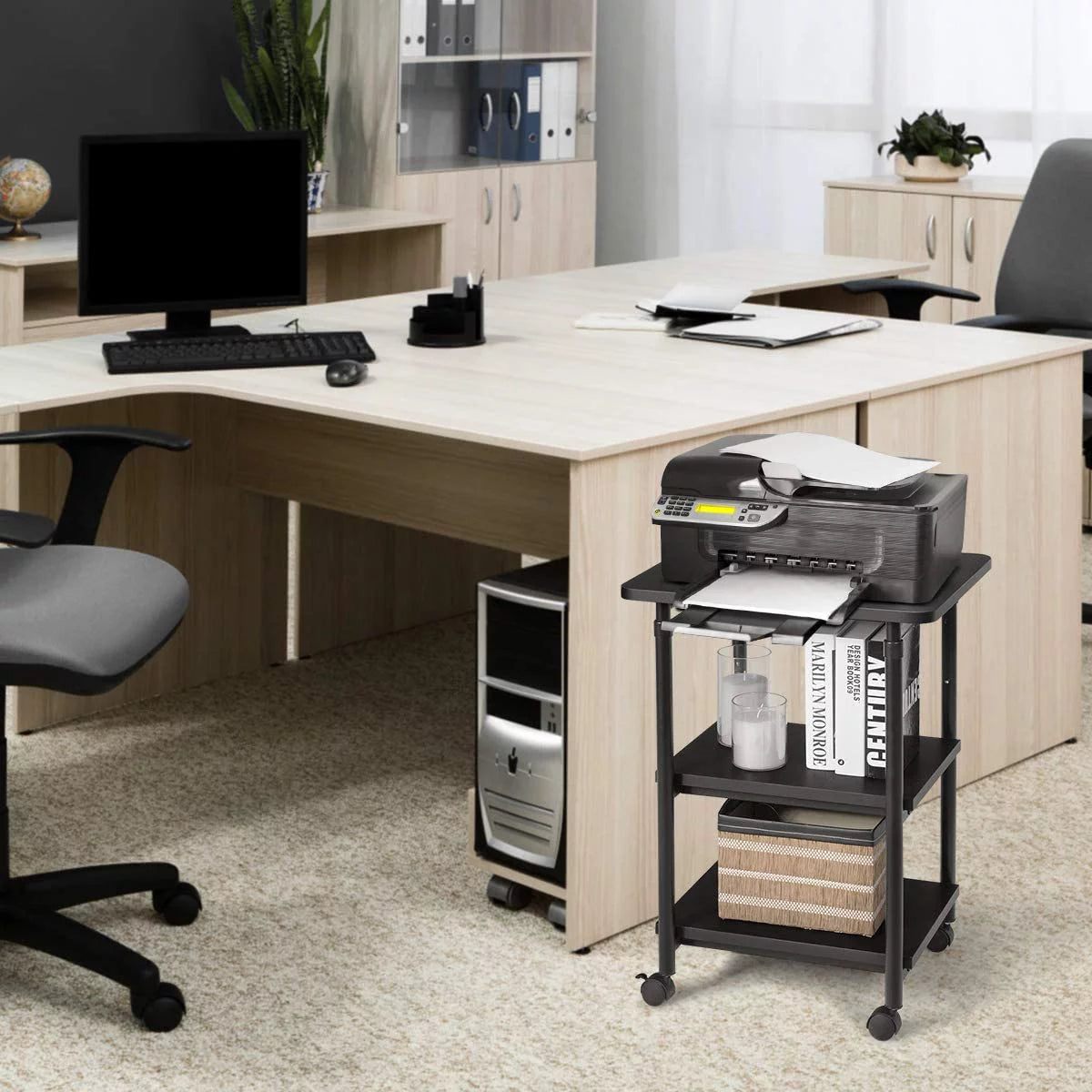 3-Tier Adjustable Rolling Printer Stand with 2 Storage Shelves A3810