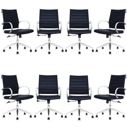 Black Ribbed Mid Back Conference Room Chairs with 360 Swivel Rolling Wheels (Pack of 8) G9436