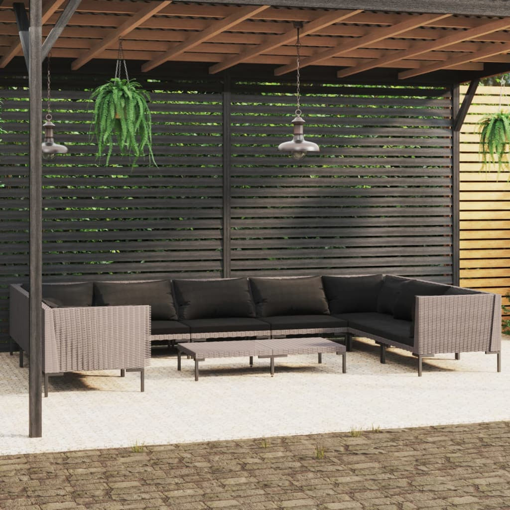 10 Piece Patio Set with Cushions Poly Rattan Dark Gray P741949