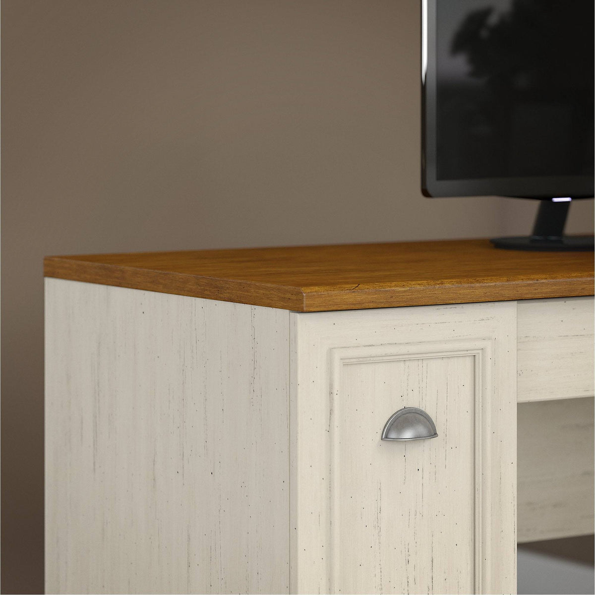 Antique White L-Shaped Desk and 5-Shelf Bookcase A285