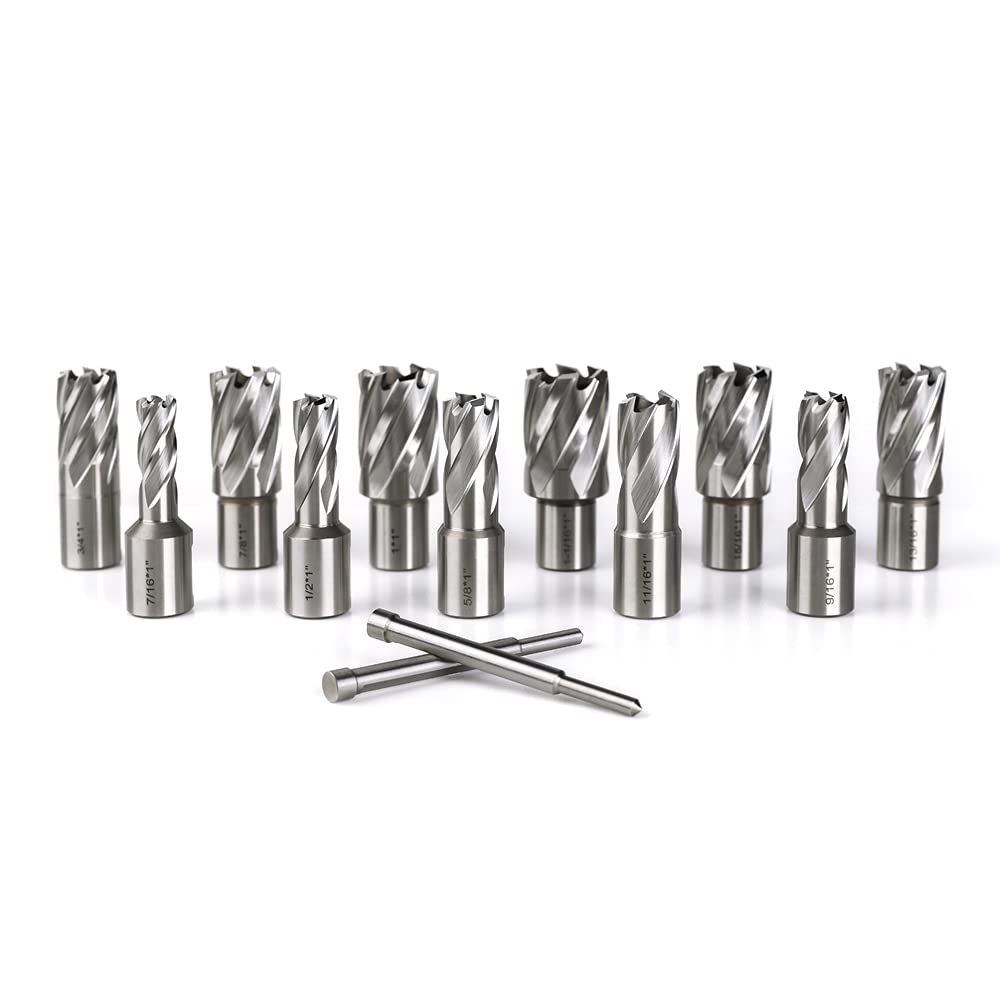 13pcs Annular Cutter Set, 1'' Cutting Depth, 3/4'' Weldon Shank, HSS Mag Drill Bits Kit with 2 pcs Pilot Pin S13461