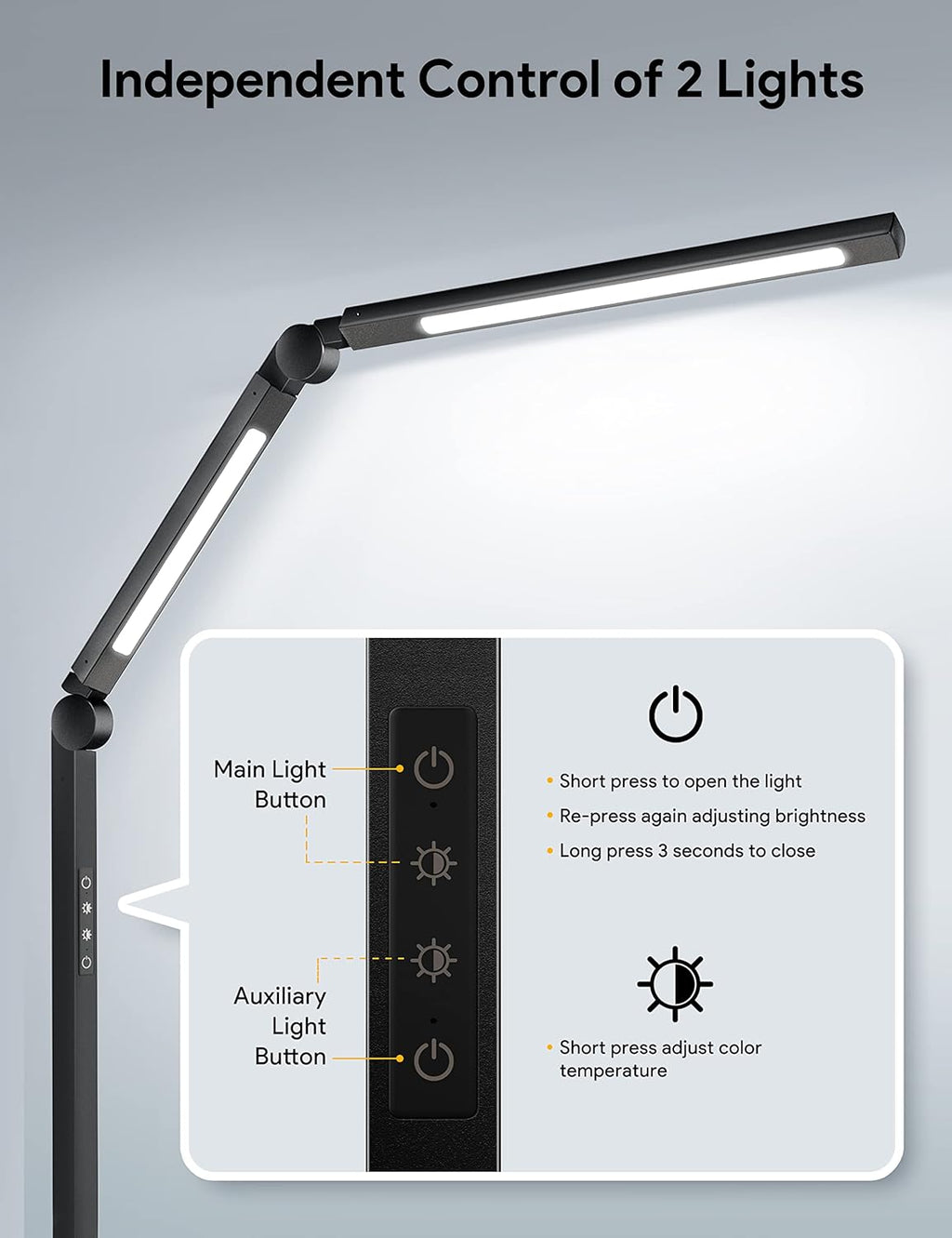 LED Desk Lamp with Clamp, Swing Arm, 4 Color Modes & 4 Brightness, Clip-on Lamp with Memory Function D2503
