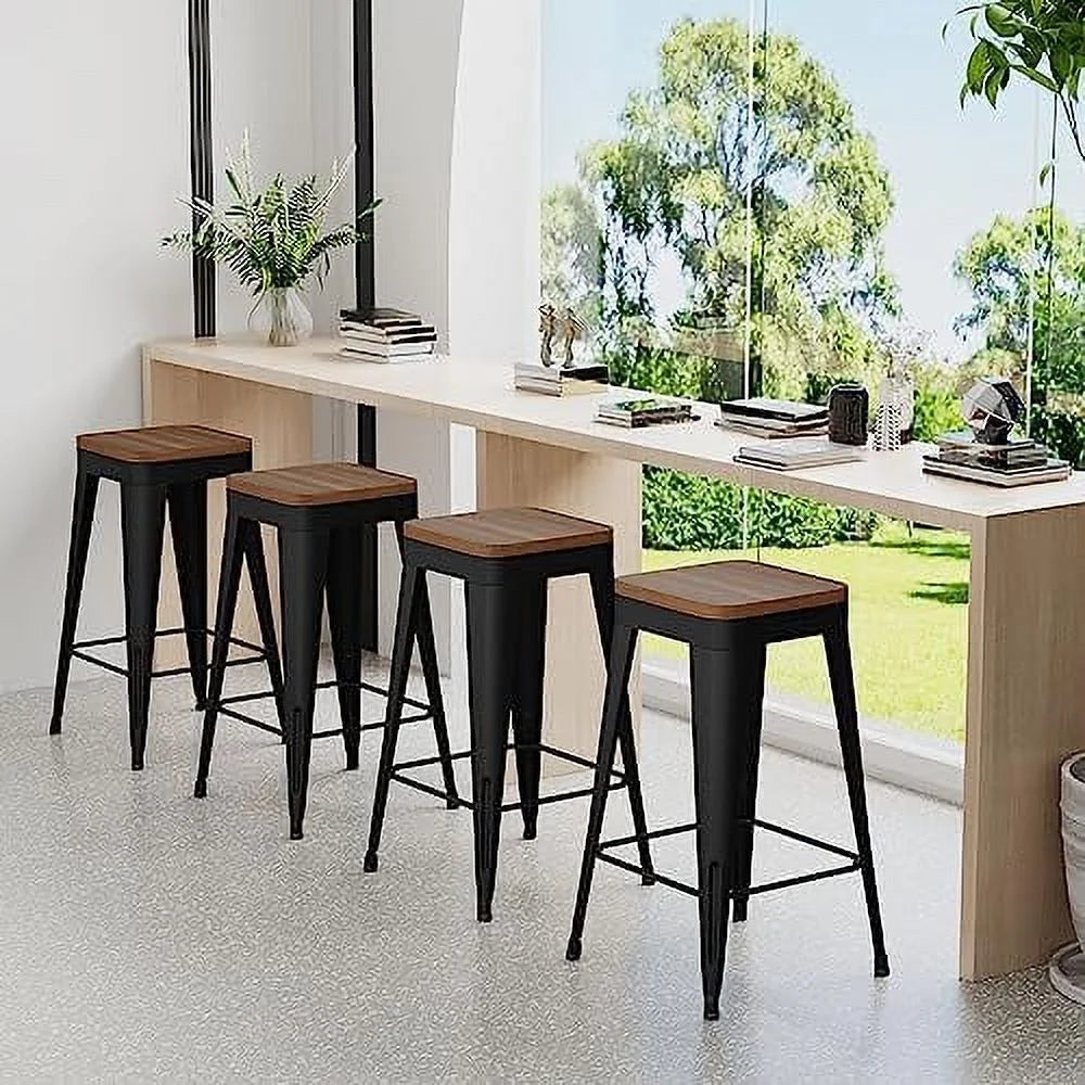 Set of 4 Metal Counter Height Stools with Back and Wooden Seat V556