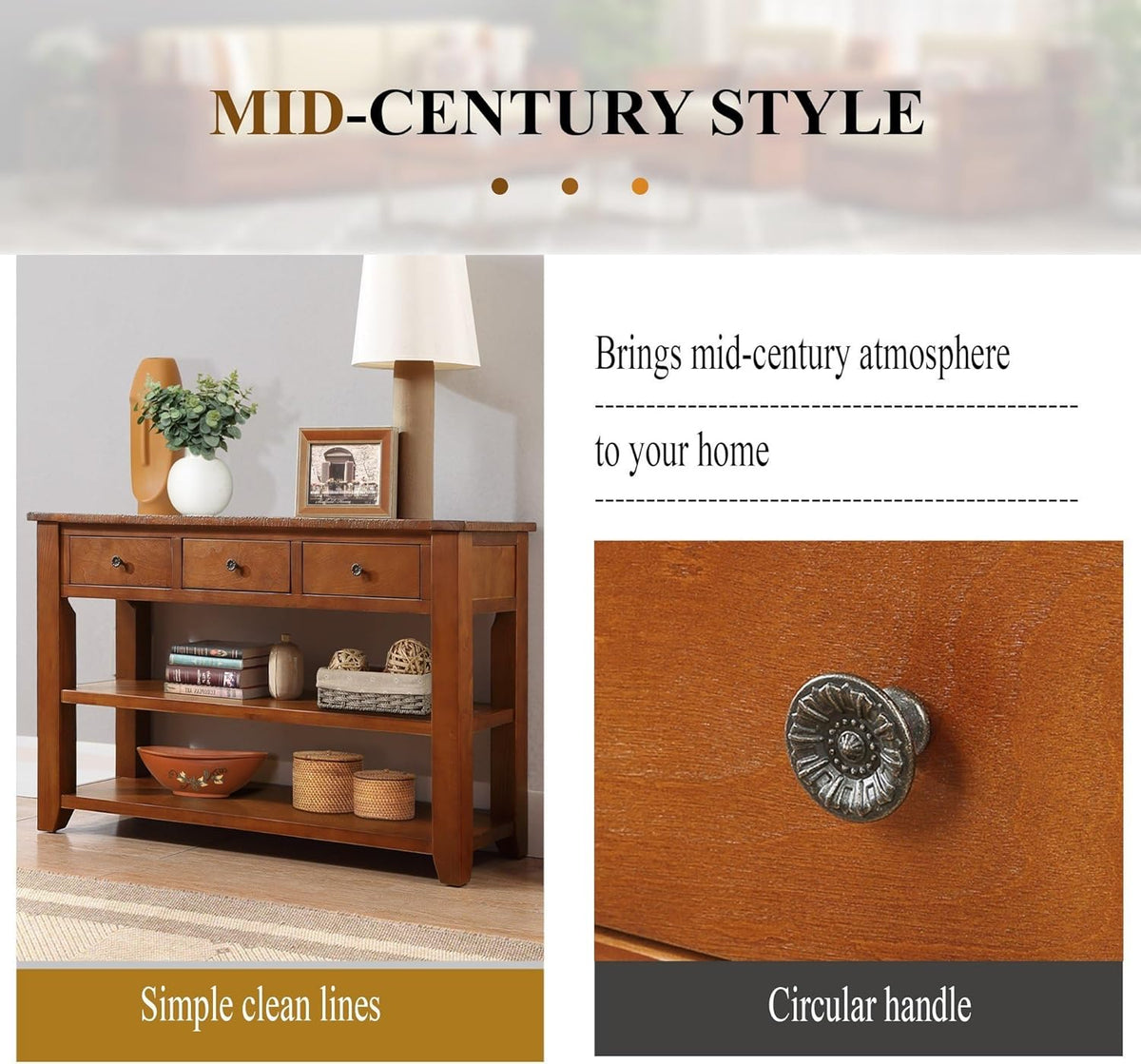 Long Console Table with 3 Storage Drawers and Double Bottom Open Shelves, 50" W x 16" D x 30" H, Brown S490210