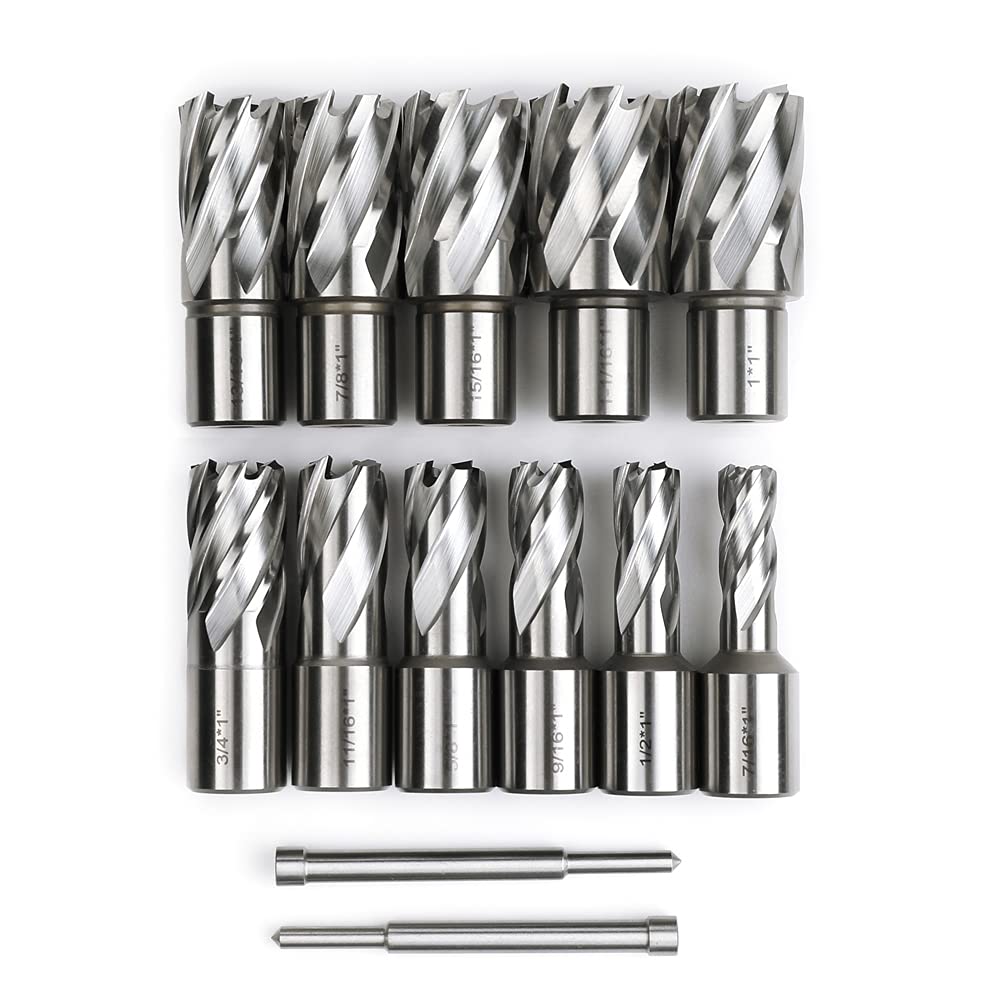 13pcs Annular Cutter Set, 1'' Cutting Depth, 3/4'' Weldon Shank, HSS Mag Drill Bits Kit with 2 pcs Pilot Pin S13461