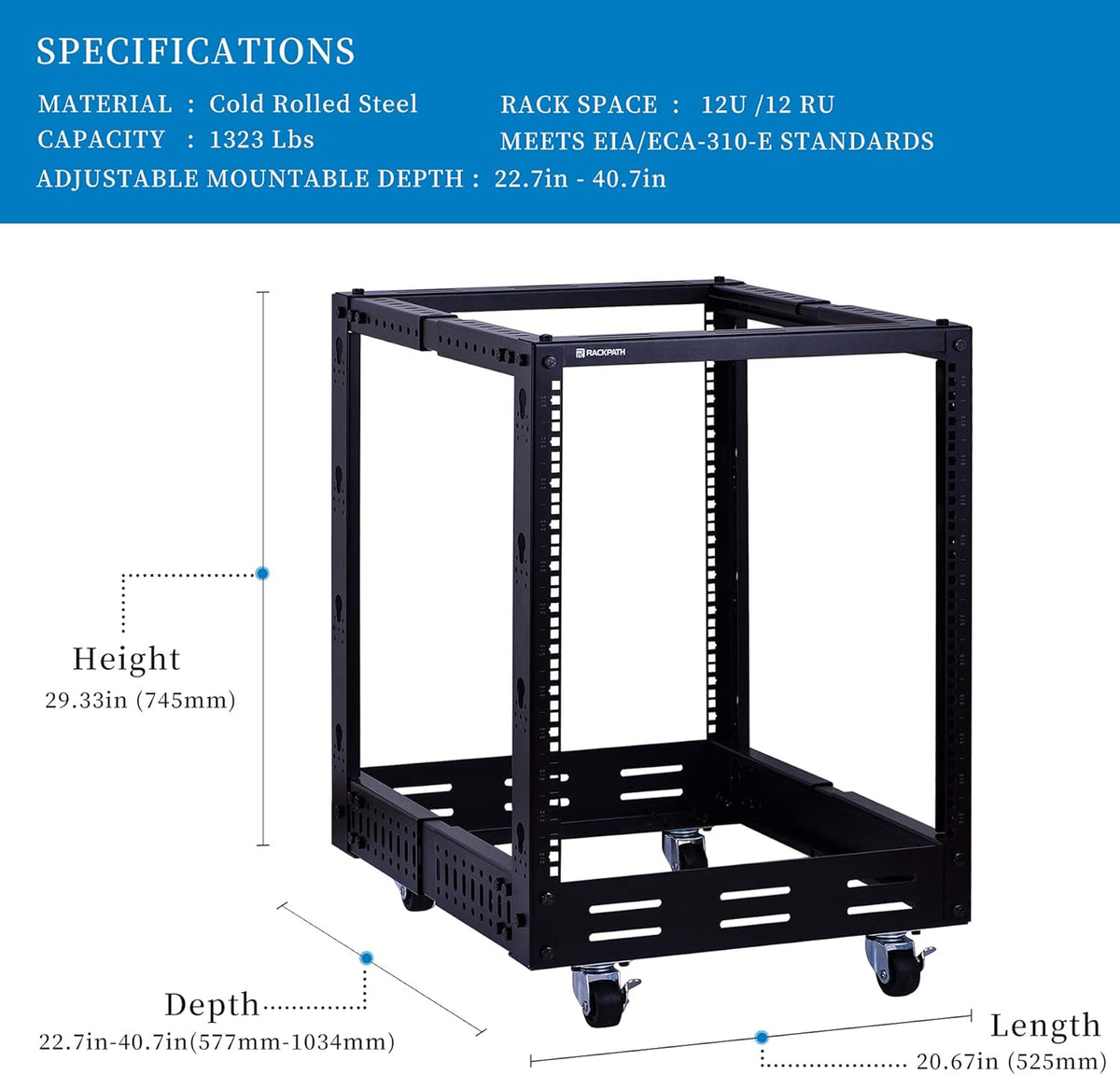 12U Open Frame Server Rack with Casters Y57374