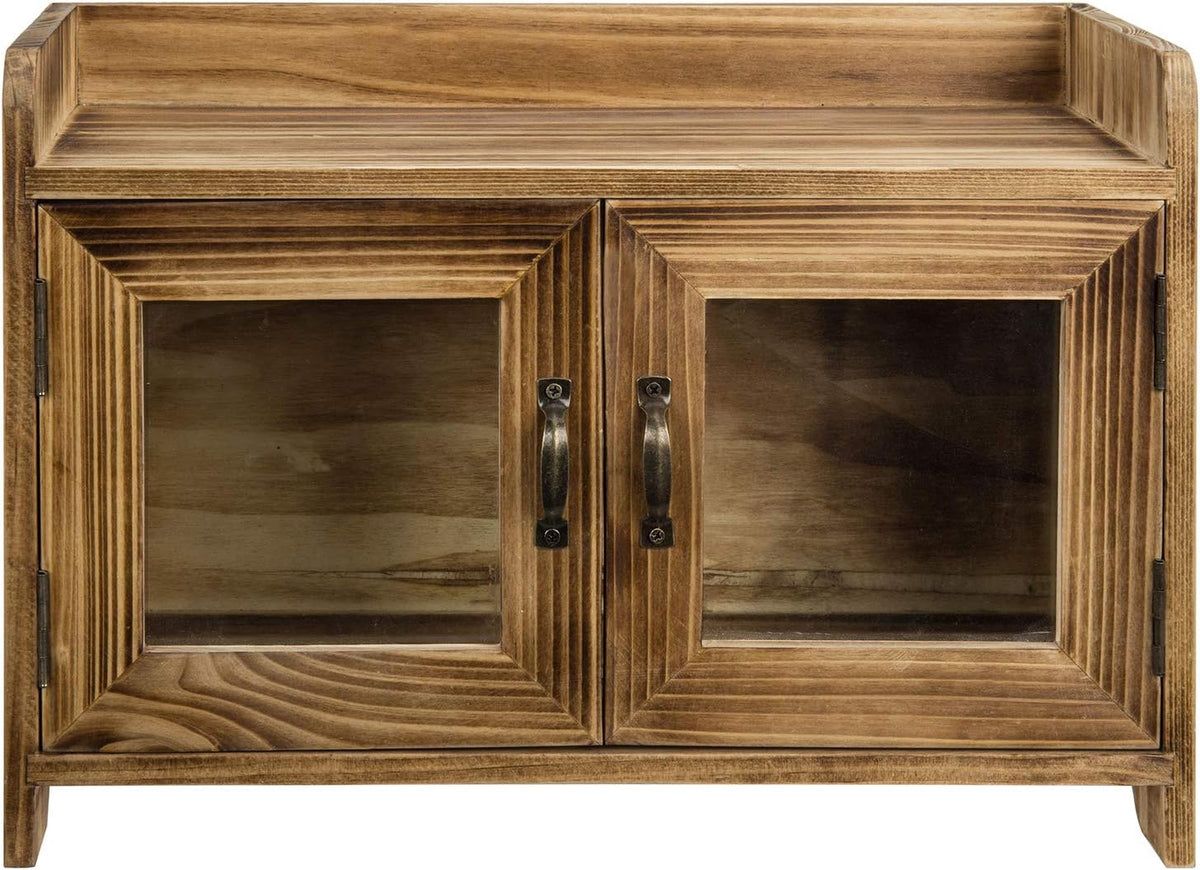 Dark Brown Wood Counter Top Storage Cabinet with Glass Windows S284