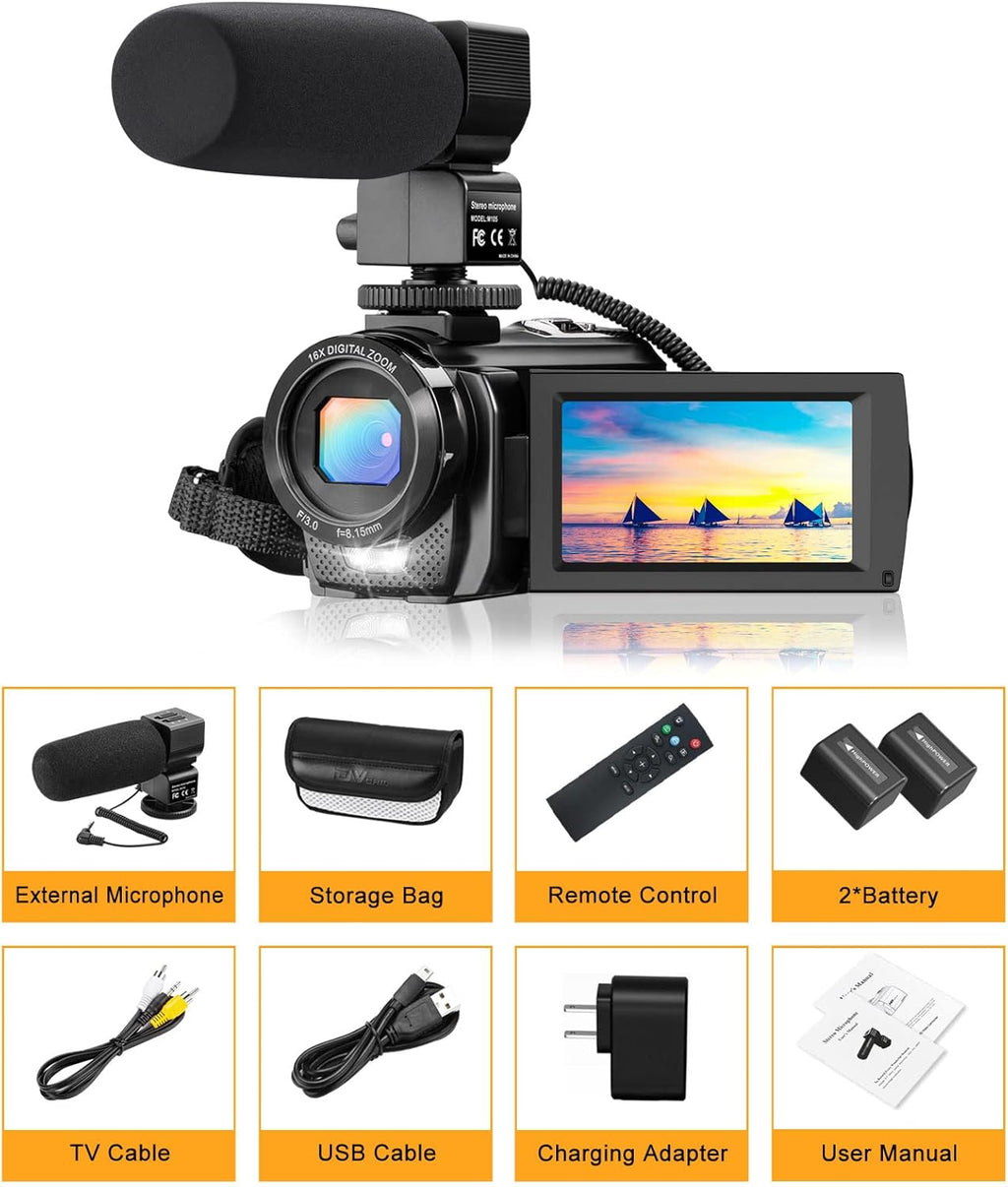 FHD 1080P 30FPS 24MP 3.0 Inch 270° Rotation Screen Video Camera Camcorder with Microphone, Remote Control, 2 Batteries X548
