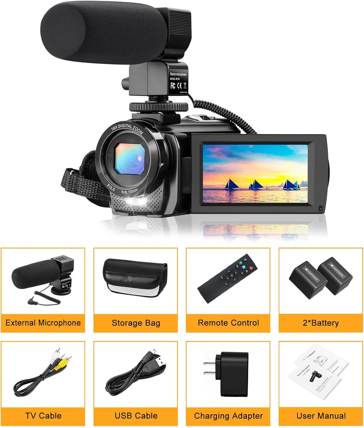 FHD 1080P 30FPS 24MP 3.0 Inch 270° Rotation Screen Video Camera Camcorder with Microphone, Remote Control, 2 Batteries X548
