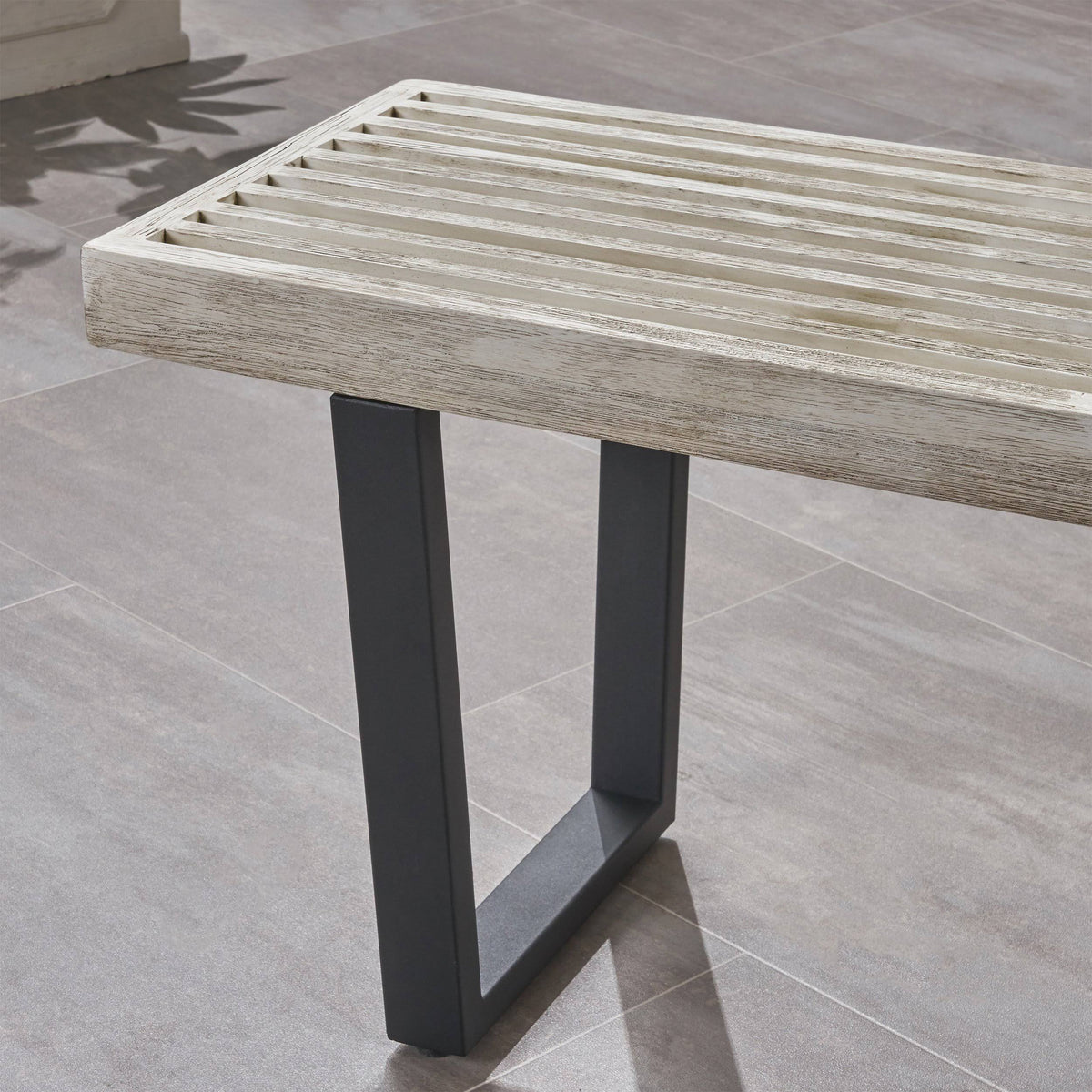 Teak Finish Acacia Wood Patio Dining Bench with Iron Legs S364397