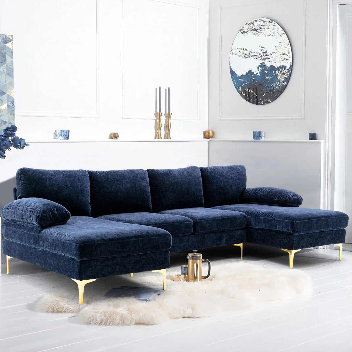 Navy Blue 4-piece U Shaped Fabric Sectional Sofa O53162