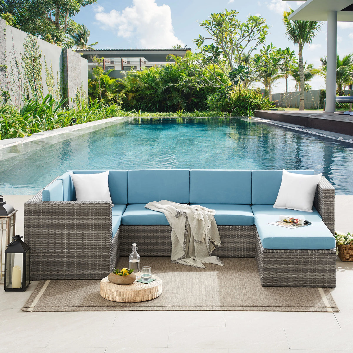 5 Pieces Rattan Wicker Outdoor Furniture Set with Glass Table U365