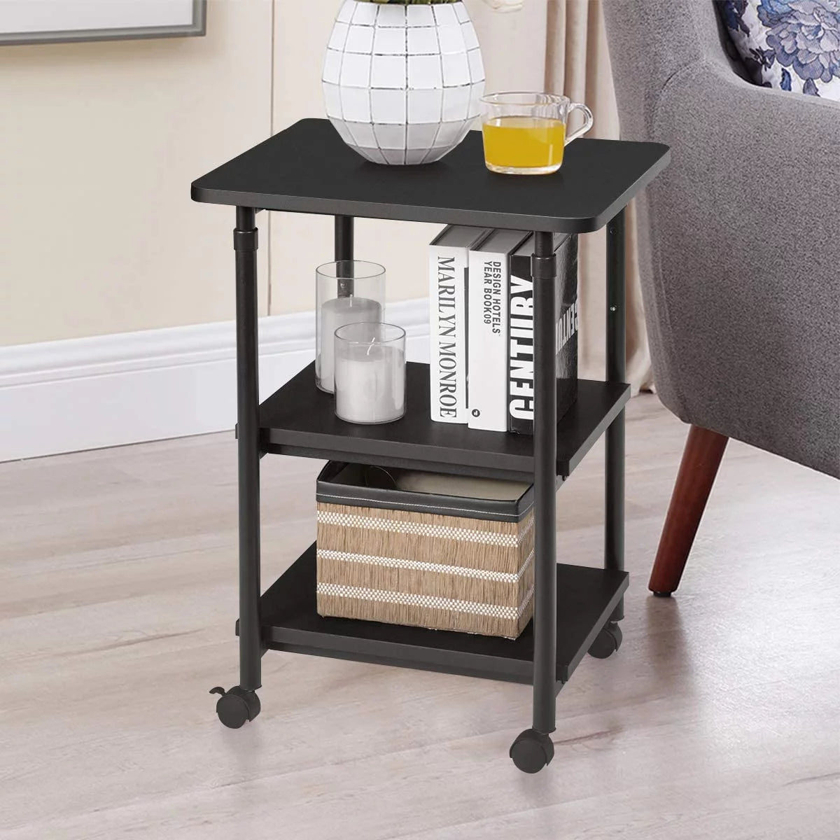 3-Tier Adjustable Rolling Printer Stand with 2 Storage Shelves A3810
