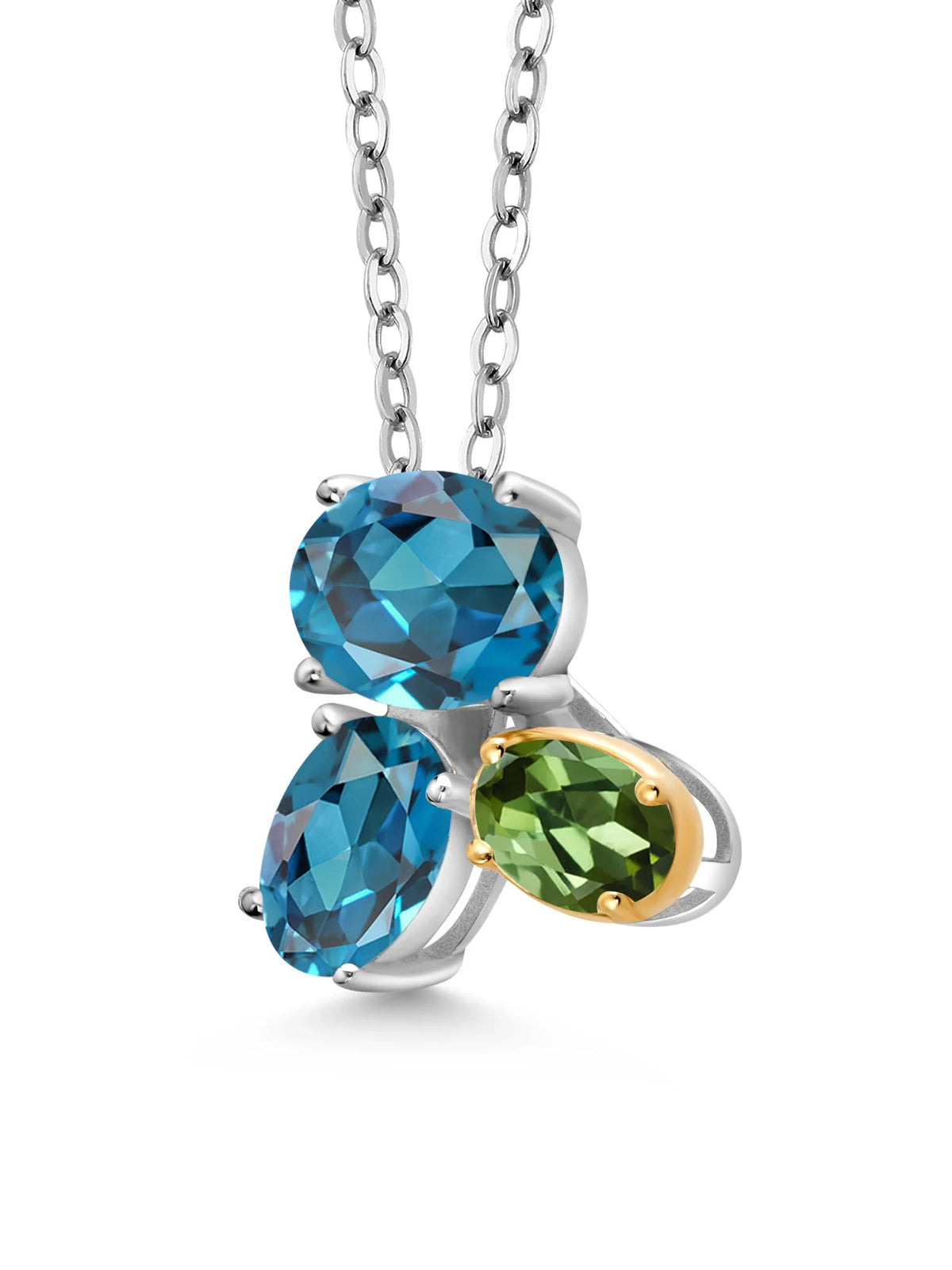 925 Silver 10K Yellow Gold London Blue Topaz Green Tourmaline Pendant Necklace with 18 inch Chain Y9874