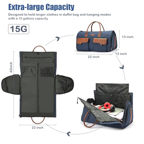 Convertible Garment Bag, Leatheret Carry on Travel Duffel Bag with Shoe Compartment, 2 in 1 Hanging Suit Bag (Brown) I185