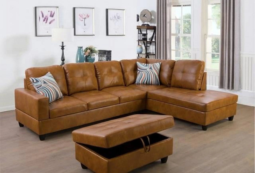 Caramel Leather Sectional Sofa with Storage Ottoman C301109