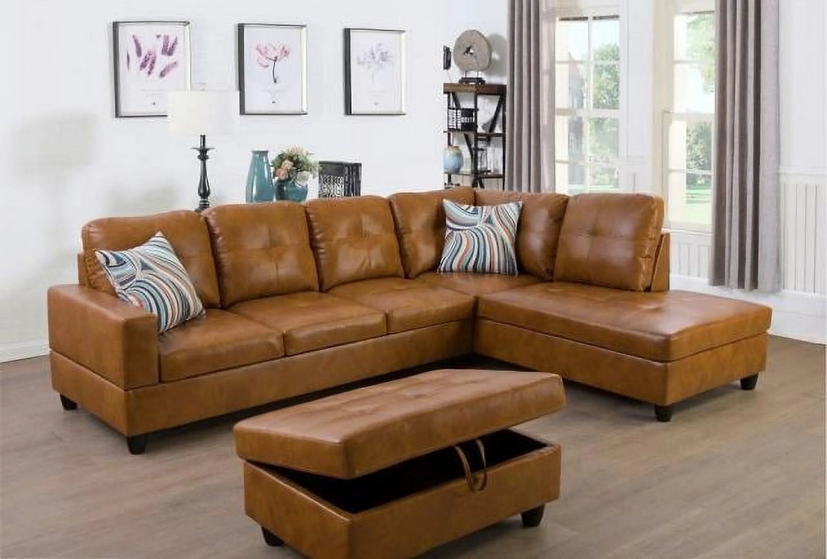Caramel Leather Sectional Sofa with Storage Ottoman C301109