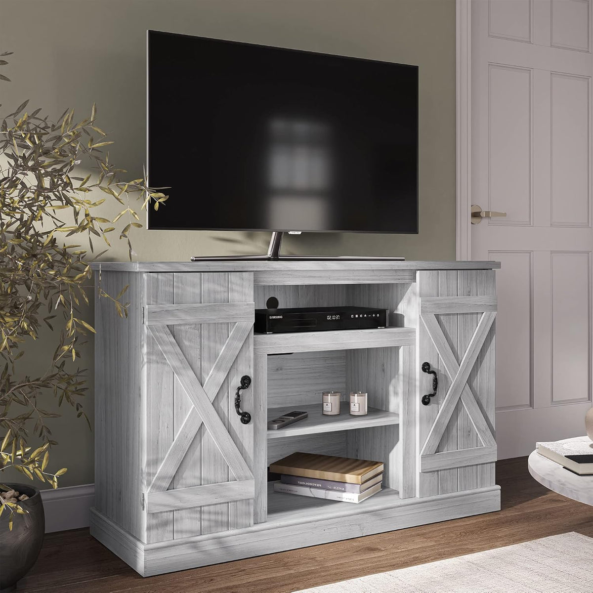 Rustic Wood TV Stand & Media Console Table with Storage Shelves & Cabinets W8308